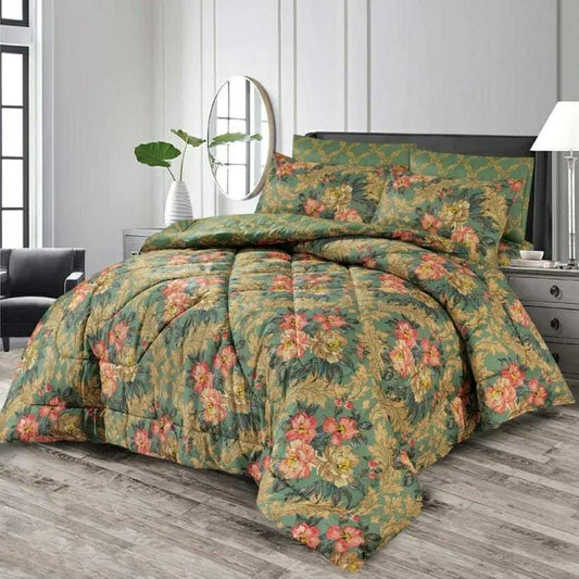 7 Pcs Cotton Salonica Printed Comforter Set (Golden Design)