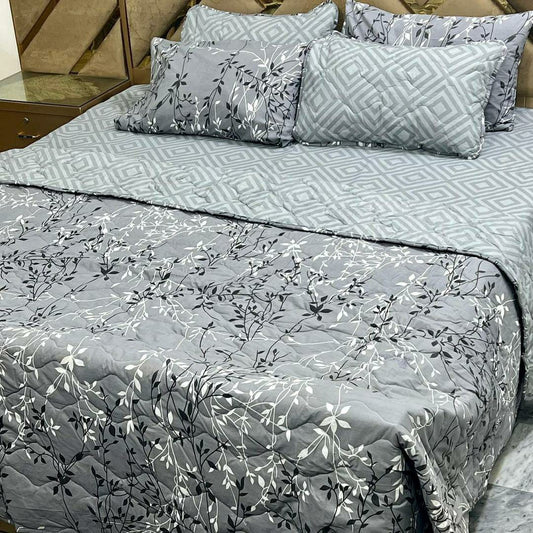 6 Pcs Cotton Printed Comforter Set for King Size Bed (Grey)