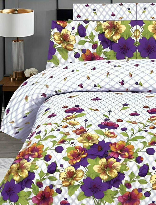 Luxurious 6 Pcs Printed Poly Cotton King Bed Comforter Set (White Flowers,Purple)