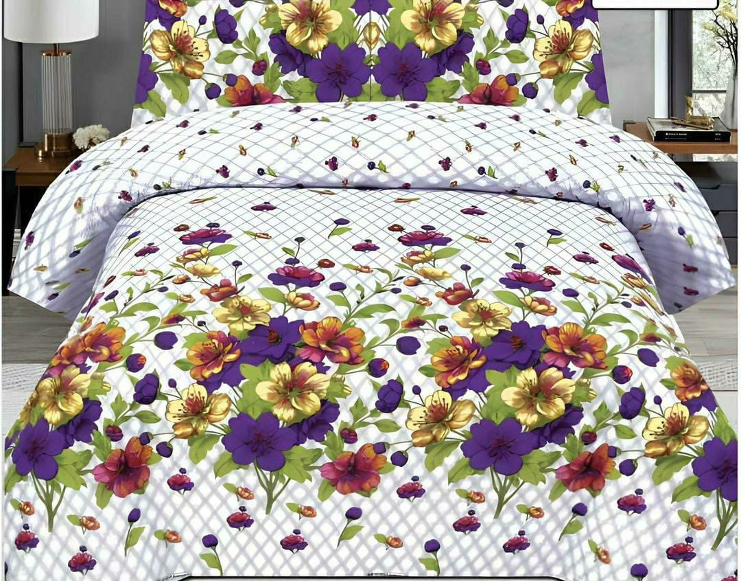 Luxurious 6 Pcs Printed Poly Cotton King Bed Comforter Set (White Flowers,Purple)