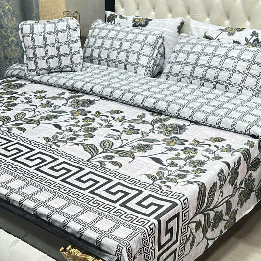 7 Pcs Cotton Salonica Printed Comforter Set (White, Black Design)