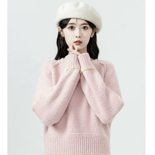 1 Pc Women's Stylish Plain Lazy Round Neck Inner Wear Knitted Sweater (Pink)