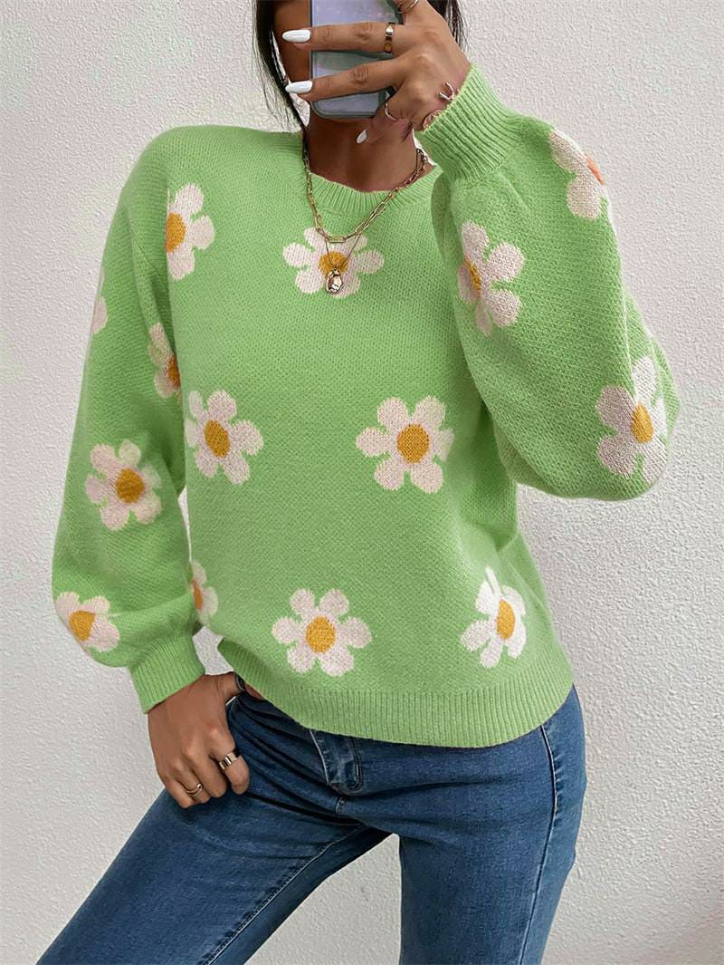 1 Pc Women's Loose Round Neck Flower Jacquard Knitted Sweater (Green)