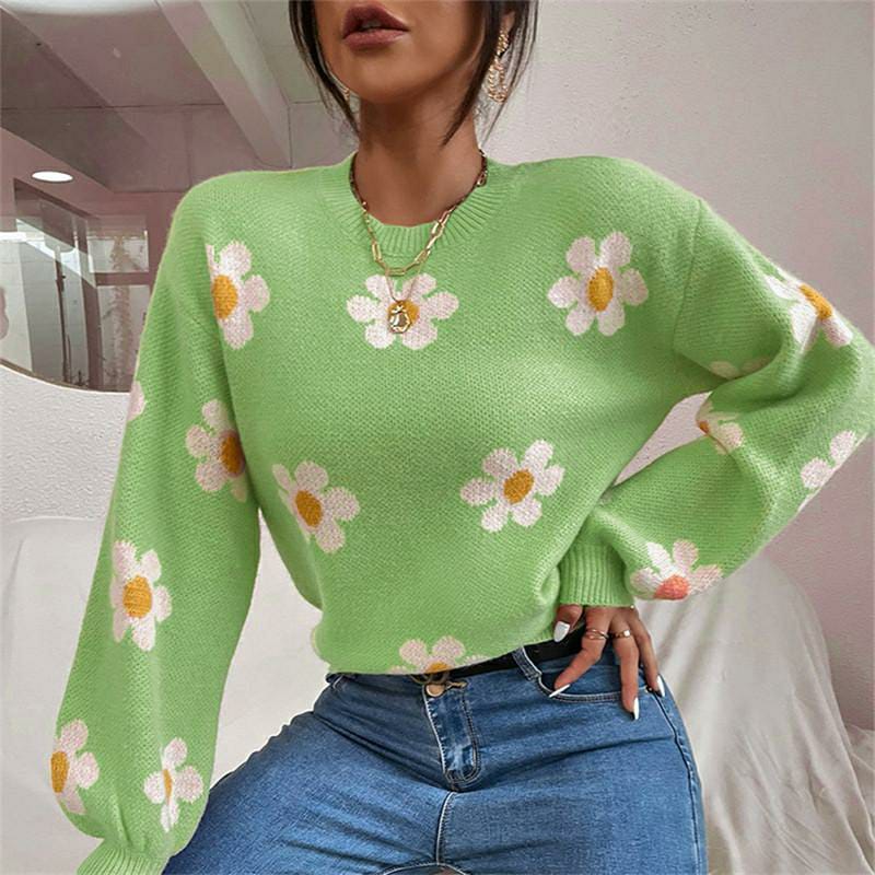 1 Pc Women's Loose Round Neck Flower Jacquard Knitted Sweater (Green)