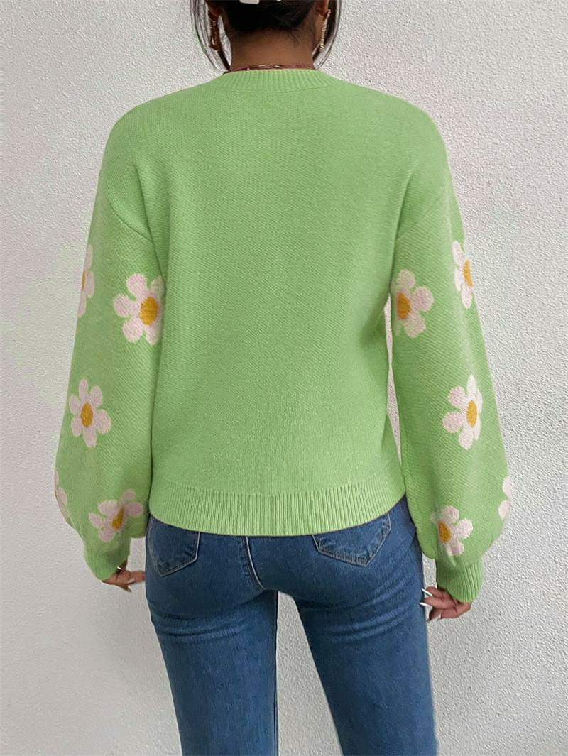 1 Pc Women's Loose Round Neck Flower Jacquard Knitted Sweater (Green)