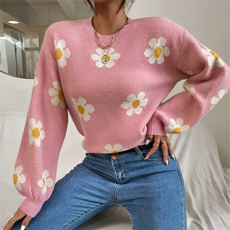 1 Pc Women's Loose Round Neck Flower Jacquard Knitted Sweater (Pink)