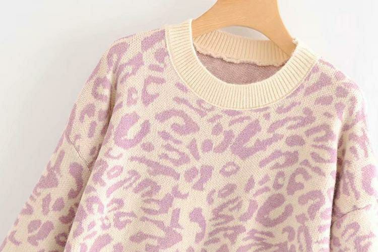 1 Pc Women's Leopard Print Lantern Sleeve Knitted Sweater Pullover Sweater (Pink And White)