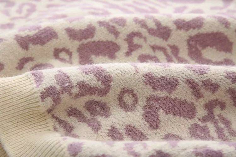 1 Pc Women's Leopard Print Lantern Sleeve Knitted Sweater Pullover Sweater (Pink And White)