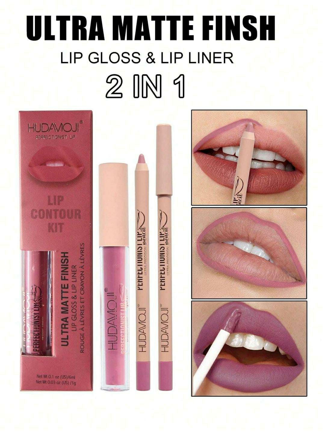 Matte Finish Lip Gloss & Pencil Duo - 2 Pcs Smudge Proof