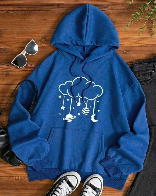 1 Pc Women's Stitched Cotton Printed Hoodie (Blue)