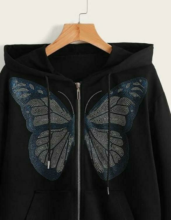 1 Pc Women's Stitched Cotton Printed Hoodie (Black)