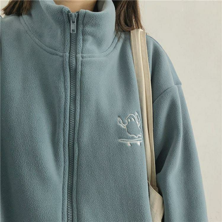 1 Pc Women's Fleece Jacket - Embroidery High Collar Zipper Sweater Cardigan (Blue)