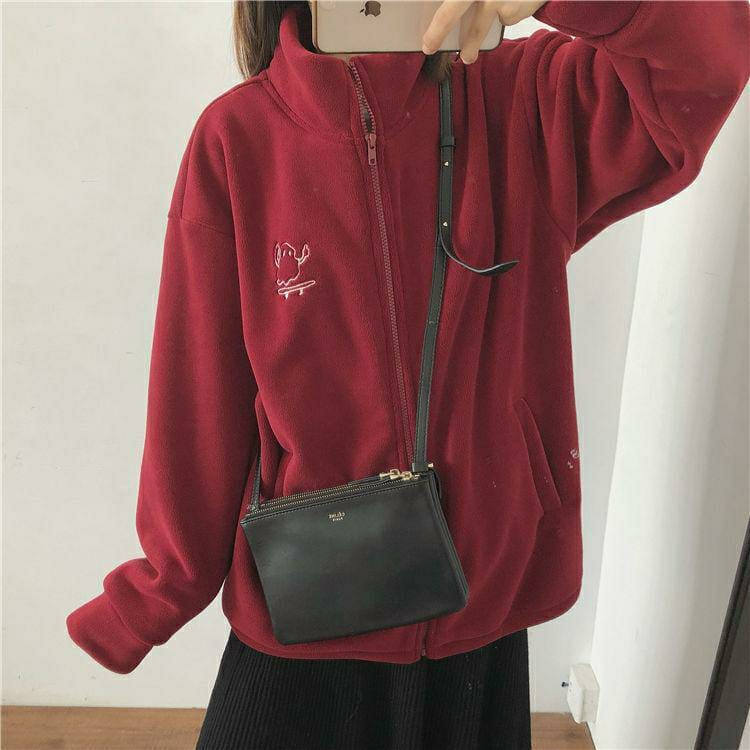 1 Pc Women's Fleece Jacket - Embroidery High Collar Zipper Sweater Cardigan (Claret)