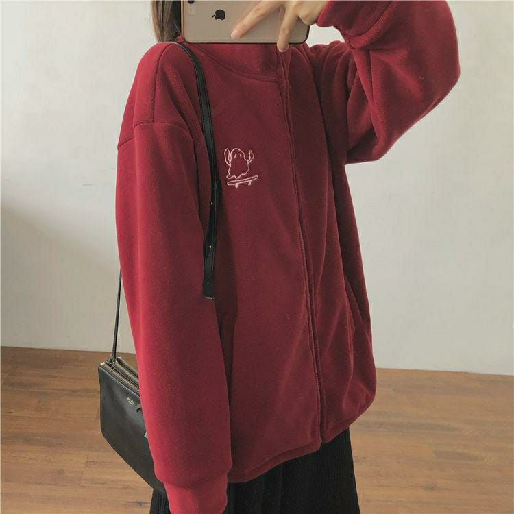 1 Pc Women's Fleece Jacket - Embroidery High Collar Zipper Sweater Cardigan (Claret)