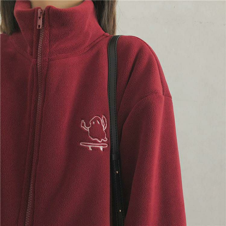 1 Pc Women's Fleece Jacket - Embroidery High Collar Zipper Sweater Cardigan (Claret)