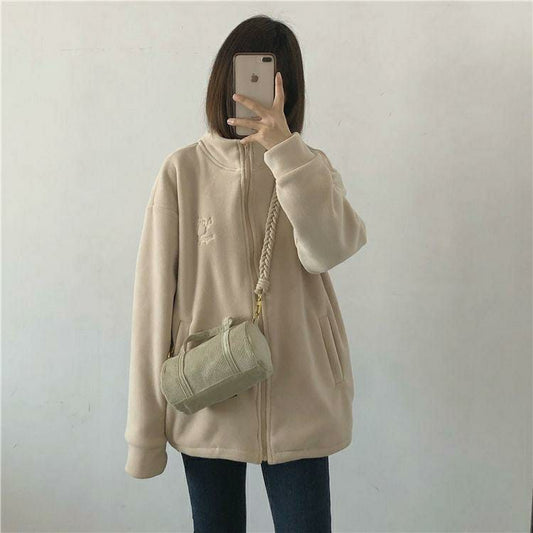 Women's Fleece Jacket - Embroidery High Collar Zipper Sweater Cardigan (Apricot)