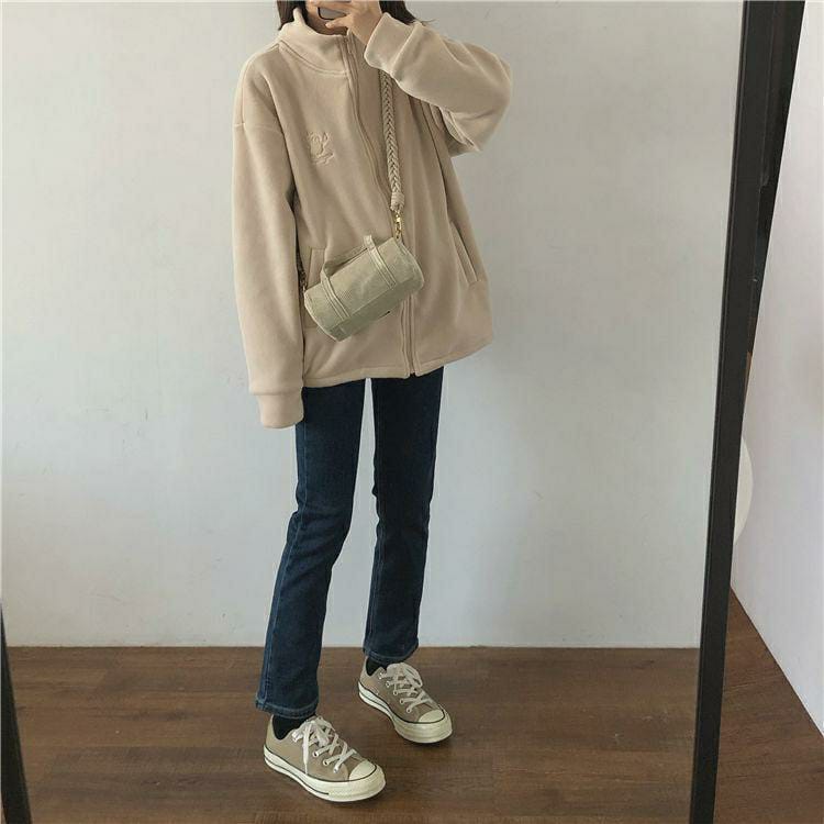 Women's Fleece Jacket - Embroidery High Collar Zipper Sweater Cardigan (Apricot)