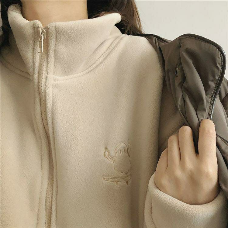 Women's Fleece Jacket - Embroidery High Collar Zipper Sweater Cardigan (Apricot)