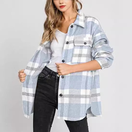 Women's Plaid Buckle Jacket Casual Fashion Long Sleeve Coat