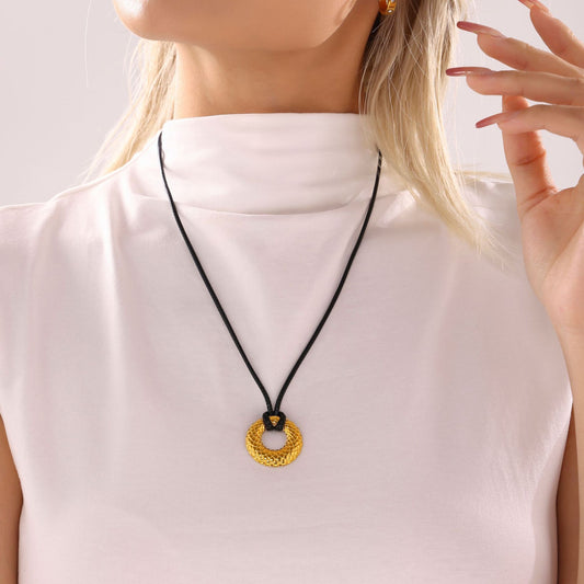 Stainless Steel Adjustable Black Leather Rope Embossed Necklace
