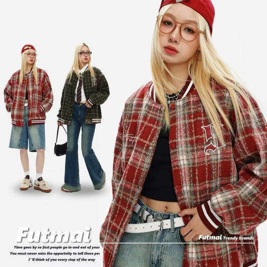 Autumn Chic Plaid Embroidered Baseball Uniform Coat