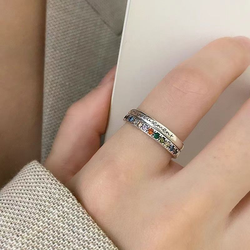 Retro Double Layer Colorful Crystals Letters Ring Female Niche