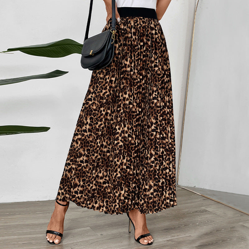 Pleated Fashion Mid-length Leopard Print Skirt