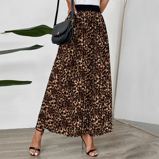 Pleated Fashion Mid-length Leopard Print Skirt