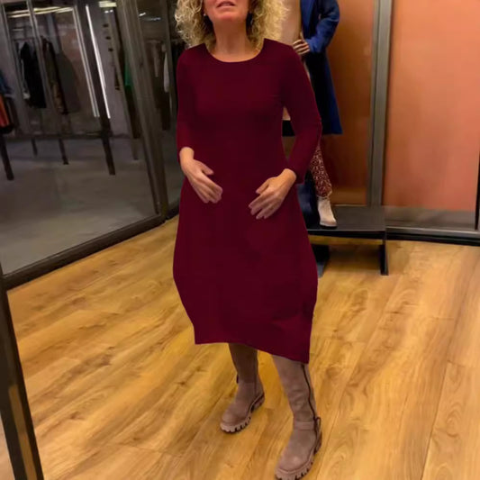 Autumn And Winter Wild Solid Color Round-neck Long-sleeved Dress Women's Clothing
