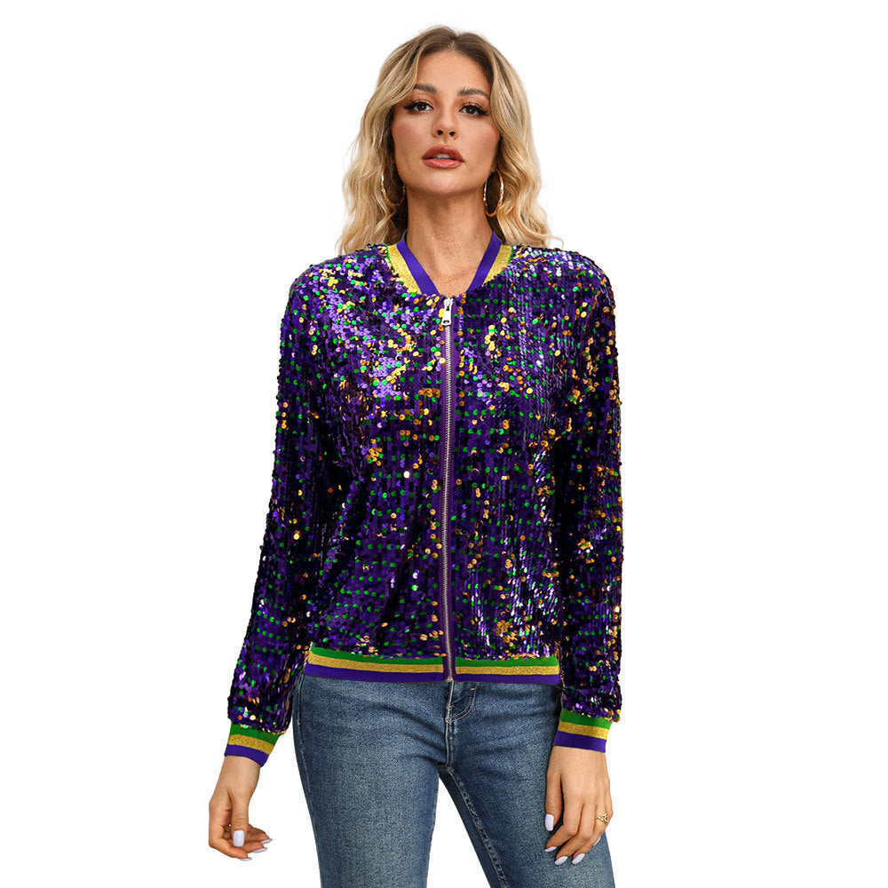 Women's Fashion Long Sleeve Sequined Trendy Baseball Uniform Jacket Cardigan Jacket