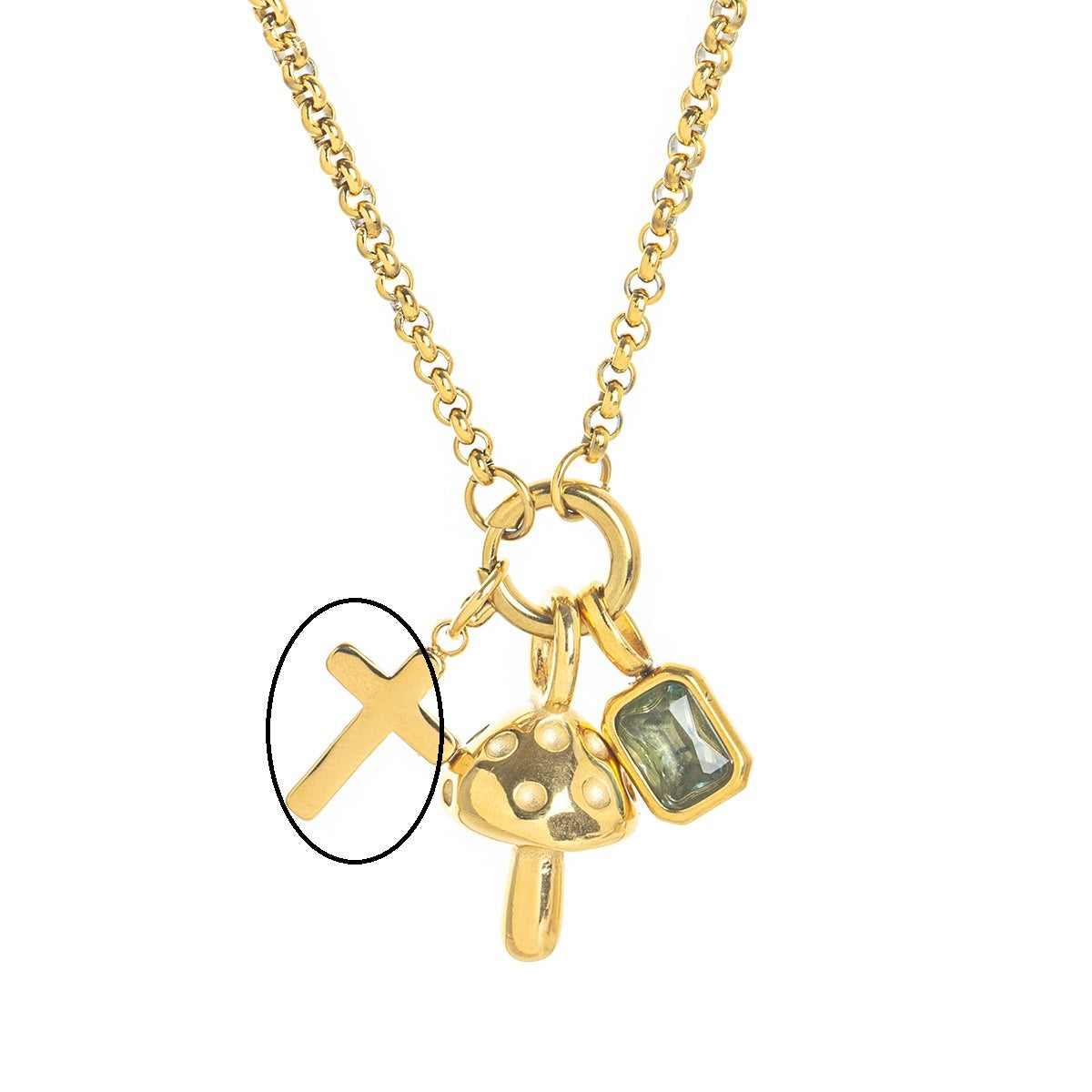 European And American Fashion Commuter Stainless Steel Cross Shelf Mushroom Pendant Niche Color Zircon Necklace