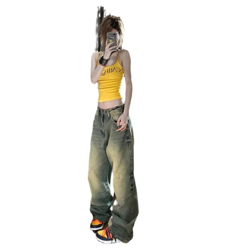 Retro Wide Leg Jeans Women's High Waist Loose Distressed Straight-leg Pants