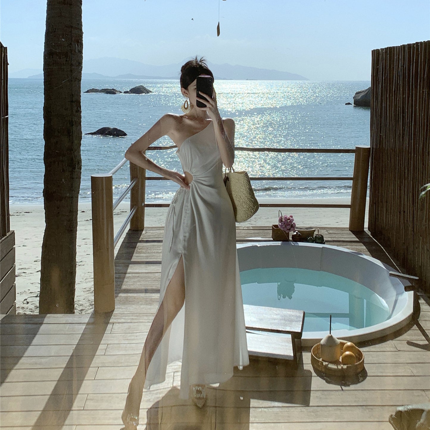 White Oblique Shoulder Strap Split Elegant Slim Fit Slimming Dress