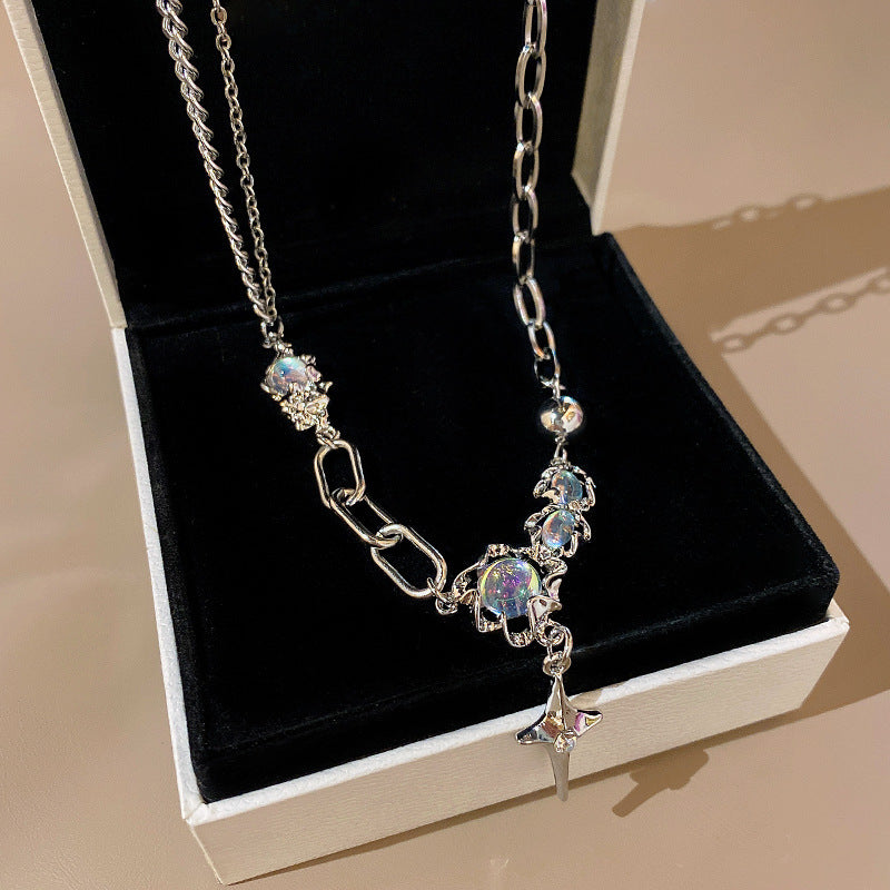 Asterism Moonstone Stitching Cross Clavicle Chain