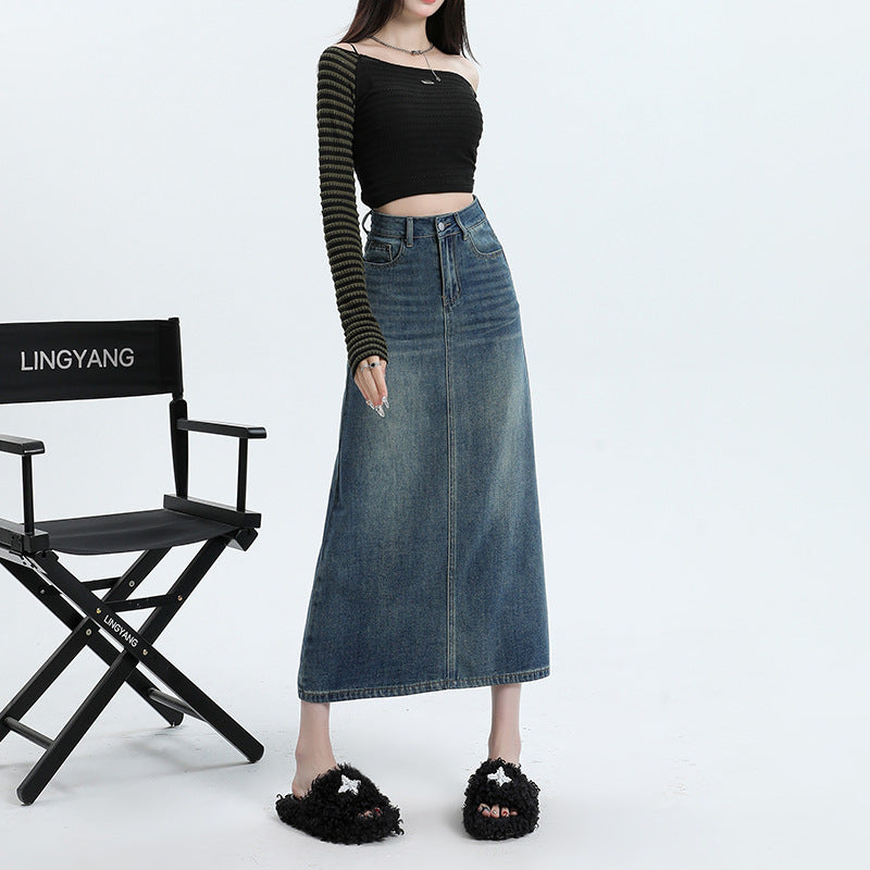 Denim Skirt Design Pocket Slit Retro Hip-wrapped Midi Skirt