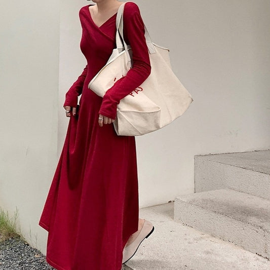 Early Autumn Tight Waist Niche Chic Engagement Red Dress