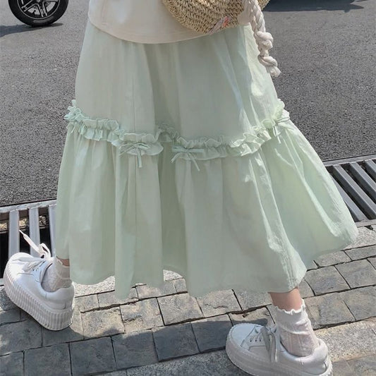 Elastic Waist Mid-length Vanilla Green A- Line Skirt
