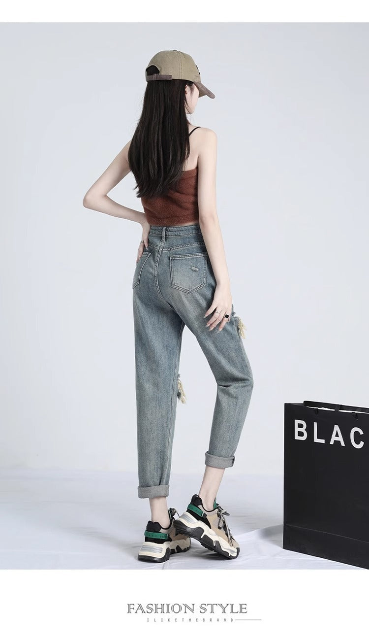 Ripped Daddy Jeans For Women Spring And Autumn 2024 New High Waist Loose Small