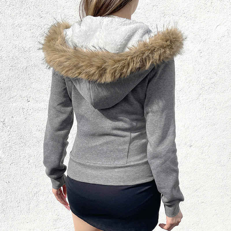 American Vintage Letter Print Fur Collar Hooded Zipper Sweatshirt