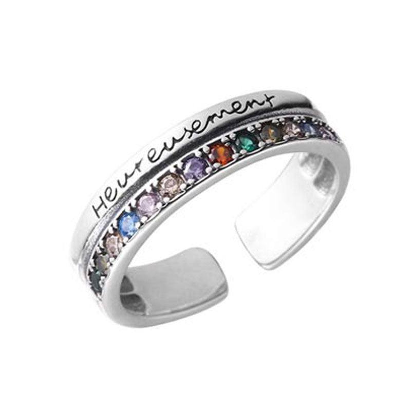 Retro Double Layer Colorful Crystals Letters Ring Female Niche