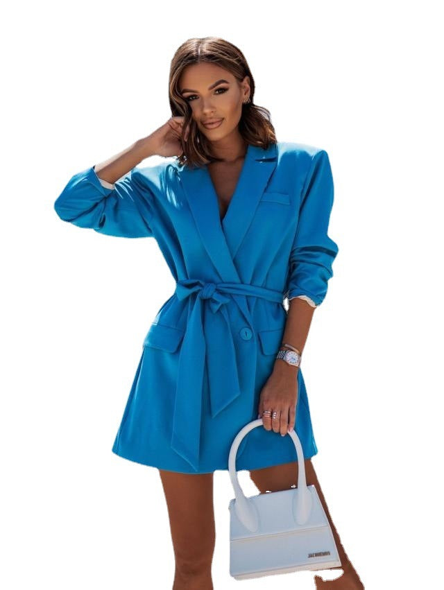 Women's Long Sleeve Tied Blazer Collar Coat