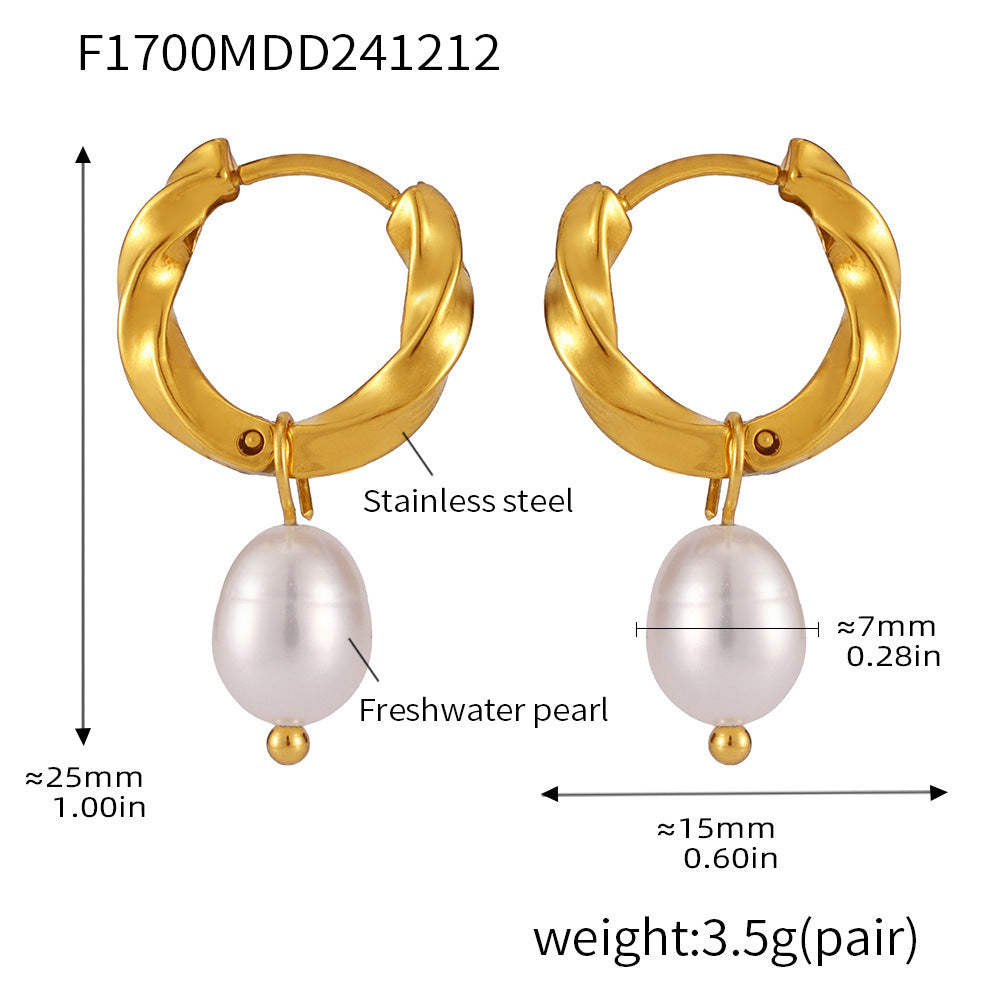 Seattle Stainless Steel Twist Buckle Natural Freshwater Cultured Pearl Earrings Earrings PVD Electroplated 18K Real Gold Earrings