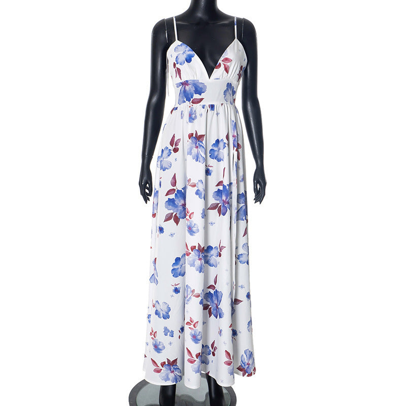 Sexy V-neck Spaghetti Straps Sleeveless Backless Print Long Dress
