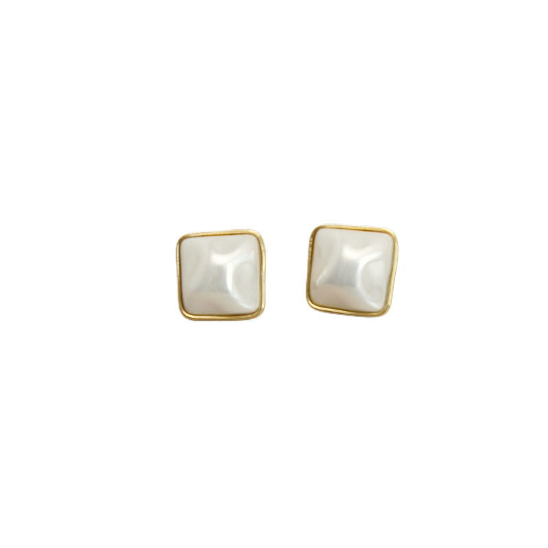 Copper Plated Gold Sterling Silver Needle Simple Beautiful Square Shell Pearl Ear Studs