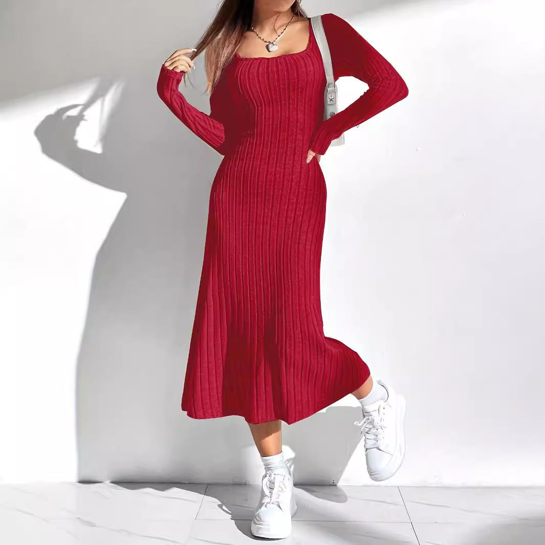 Thread Knitted Sunken Stripe Long Sleeve Big Hem Dress